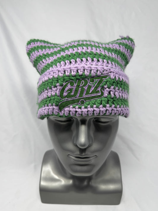 Green and Lavender Cat Ear Beanie